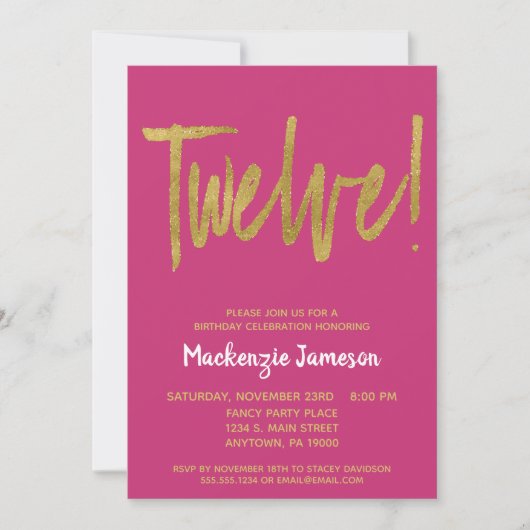 Invitation Pink Gold Script 12e anniversaire de fête Invitati (Devant)