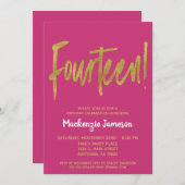 Invitation Pink Gold Script 14e anniversaire de fête Invitati (Devant / Derrière)