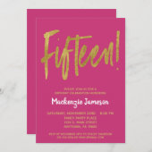 Invitation Pink Gold Script 15e anniversaire de fête Invitati (Devant / Derrière)