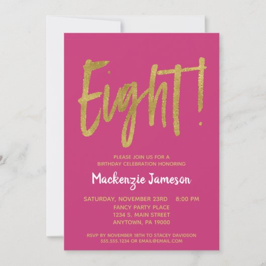 Invitation Pink Gold Script 8e anniversaire de fête Invitatio (Devant)