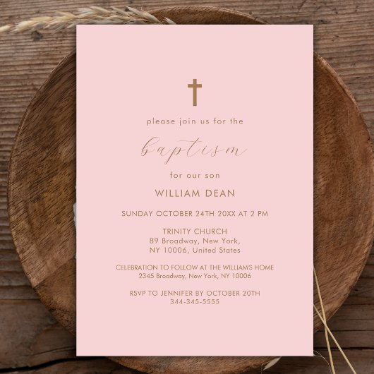 Invitation Pink & Gold Script moderne Boho Cross Baptism