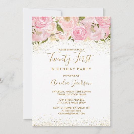Invitation Pink Gold Sparkle Rose 21ème anniversaire Invitati (Devant)