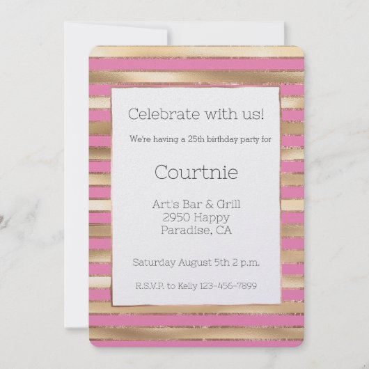 Invitation Pink Gold Stripes Anniversaire (Devant)