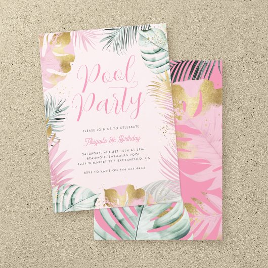 Invitation Pink & Gold Tropical Feuilles Anniversaire Pool Pa