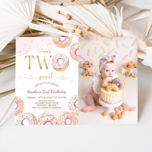 Invitation Pink Gold Two Sweet Donuts 2e photo d'anniversaire