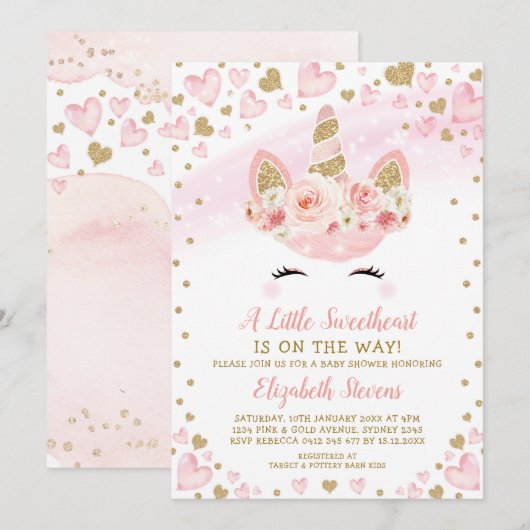 Invitation Pink Gold Unicorn Baby shower amoureux Magie (Devant / Derrière)