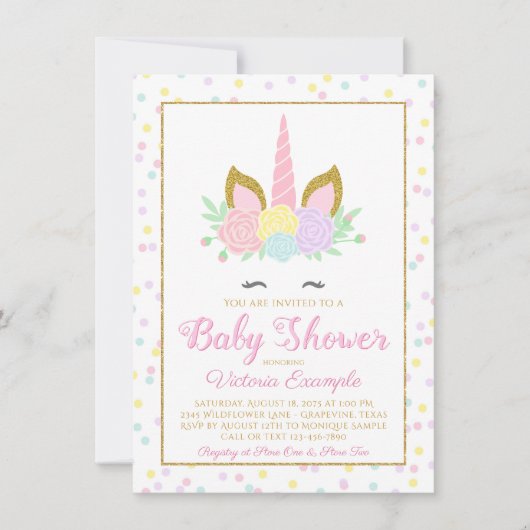 Invitation Pink Gold Unicorn Visage Girl Baby shower Invitati (Devant)