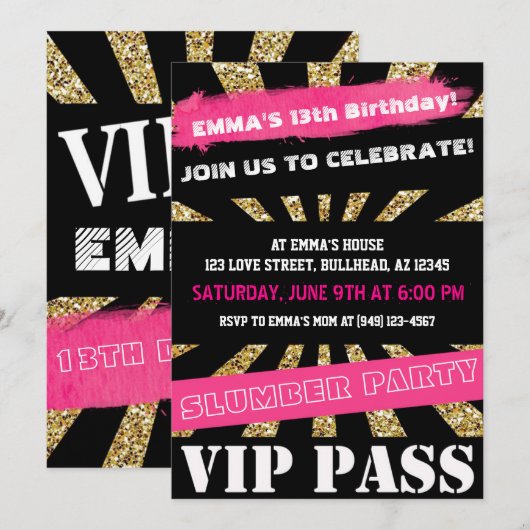 Invitation Pink & Gold VIP PASS Girls Sleepover Adolescent Gi (Devant / Derrière)