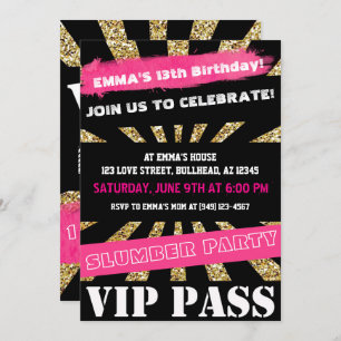 Invitation Pink & Gold VIP PASS Girls Sleepover Adolescent Gi