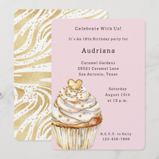 Invitation Pink Gold White Cream Heart Cupcake Anniversaire (Devant / Derrière)