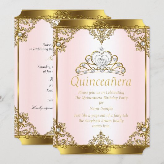 Invitation Pink Gold White Pearl Princess Quinceanera (Devant / Derrière)