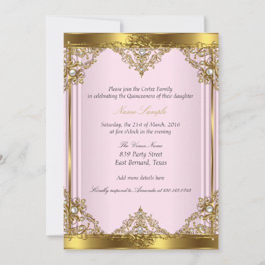 Invitation Pink Gold White Pearl Princess Quinceanera 2 (Dos)