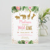 Invitation Pink & Gold Wild One Safari premier anniversaire (Debout devant)