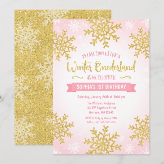 Invitation Pink Gold Winter ONEderland 1er anniversaire (Devant / Derrière)