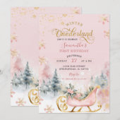 Invitation Pink Gold Winter Onederland 1er Anniversaire Forêt (Devant / Derrière)