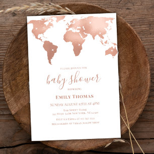 Invitation Pink Gold World Map Voyage Baby shower d'aventure