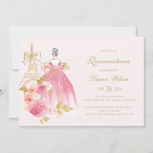 Invitation Pink Golden Floral Paris Chic Quinceanera (Devant)