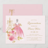 Invitation Pink Golden Floral Paris Chic Quinceanera (Devant / Derrière)