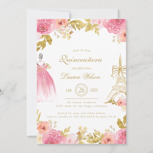 Invitation Pink Golden Floral Paris Chic Quinceanera (Devant)