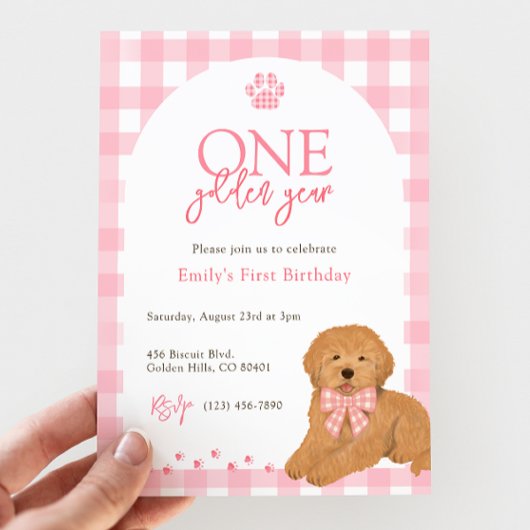 Invitation Pink Goldendoodle Dog One Golden Year birthday