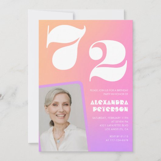 Invitation Pink Gradient Retro Photo 72e anniversaire Invitat (Devant)