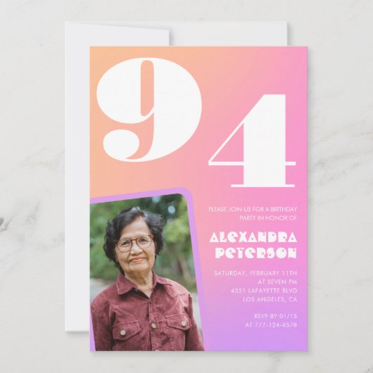 Invitation Pink Gradient Retro Photo 94e anniversaire (Devant)