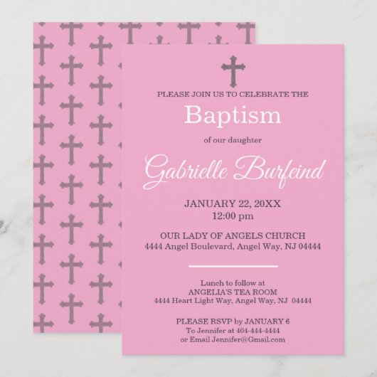 Invitation Pink & Gray Cross Watercolor Baptism (Devant / Derrière)