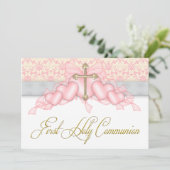 Invitation Pink Gray Gold Cross Girls Pink First Communion (Debout devant)