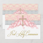 Invitation Pink Gray Gold Cross Girls Pink First Communion (Devant / Derrière)