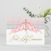 Invitation Pink Gray Gold Cross Girls Pink First Communion (Debout devant)