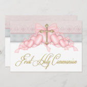 Invitation Pink Gray Gold Cross Girls Pink First Communion (Devant / Derrière)