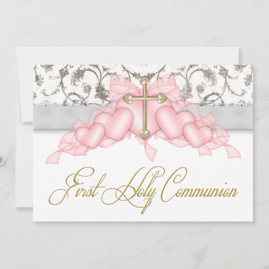 Invitation Pink Gray Gold Cross Girls Pink First Communion (Devant)