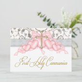 Invitation Pink Gray Gold Cross Girls Pink First Communion (Debout devant)