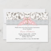 Invitation Pink Gray Gold Cross Girls Pink First Communion (Dos)