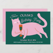 Invitation Pink green cat drôle (Devant / Derrière)