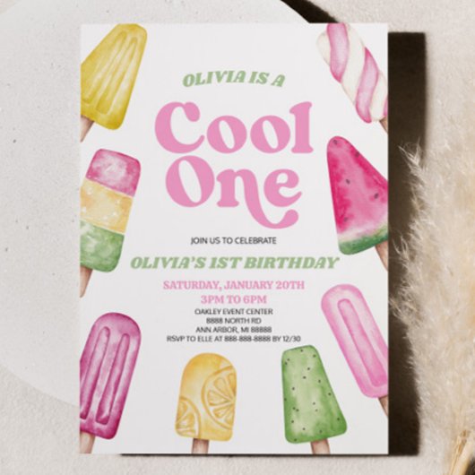 Invitation Pink Green Cool One Popsicle 1er Anniversaire