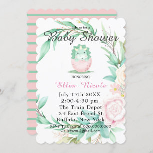 Invitation Pink Green Cute Dinosaur Peony Baby showers Invita