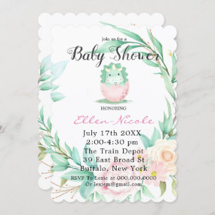 Invitation Pink Green Cute Dinosaur Peony Baby showers Invita