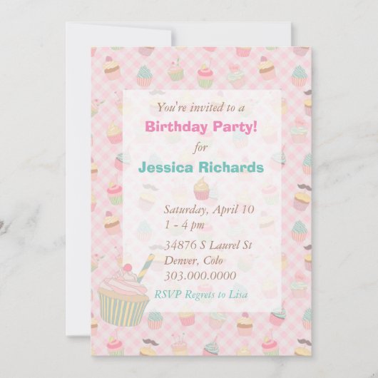 Invitation Pink Green En vichy Cupcake fête d'anniversaire (Devant)