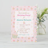 Invitation Pink Green En vichy Cupcake fête d'anniversaire (Debout devant)