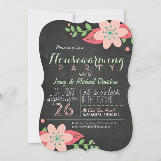 Invitation Pink, Green Floral Chalkboard House Party (Devant)