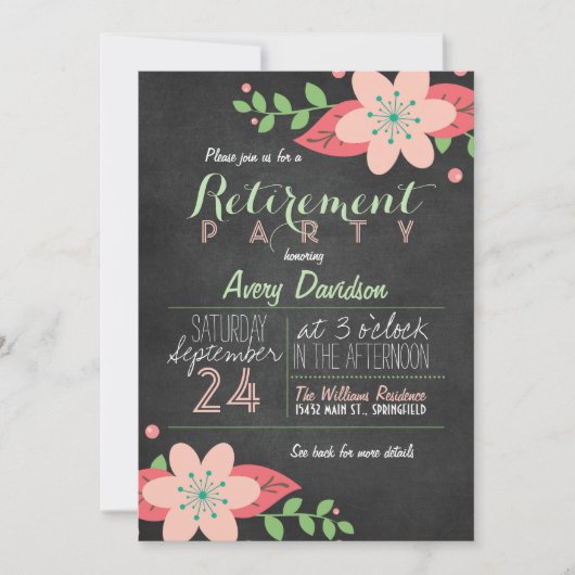 Invitation Pink & Green Floral Chalkboard Retraite Party (Devant)