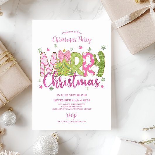 Invitation Pink Green Gingerbread Christmas Party