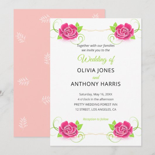 Invitation Pink Green Gold Floral Rose Wedding (Devant / Derrière)