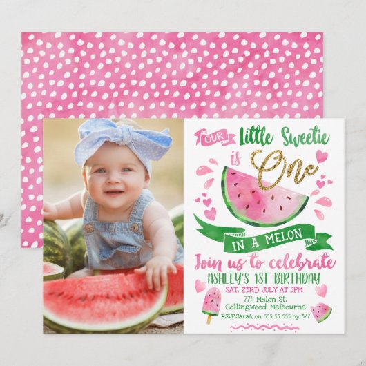 Invitation Pink Green Gold One In A Melon Photo 1er anniversa (Devant / Derrière)
