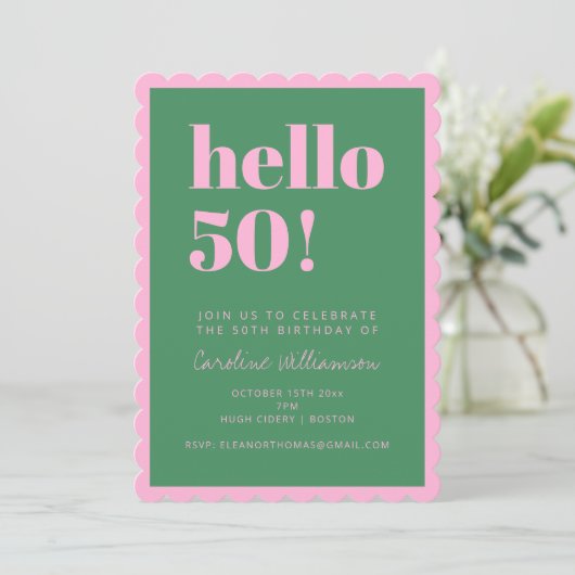 Invitation Pink Green Modern 50th Scalloped Birthday Party (Debout devant)