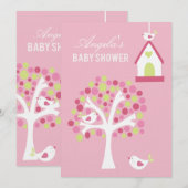 Invitation Pink Green Oiseaux blancs et Baby shower d'arbre I (Devant / Derrière)