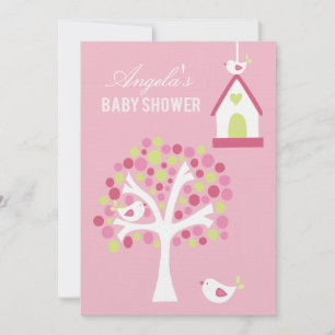 Invitation Pink Green Oiseaux blancs et Baby shower d'arbre I