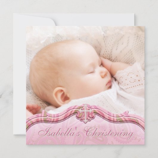 Invitation Pink Green Paisley Baby Girl Photo Christening (Devant)