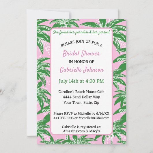 Invitation Pink Green Palm Tree Preppy Summer Shower Party (Devant)